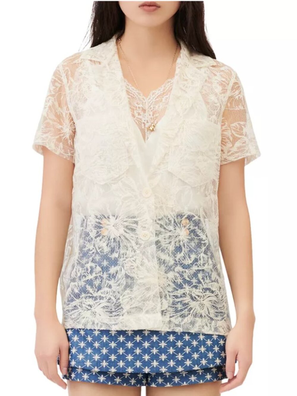 Maje Ciflower Embroidered Organza Shirt Lace Short Sleeve Button Up Sheer Small